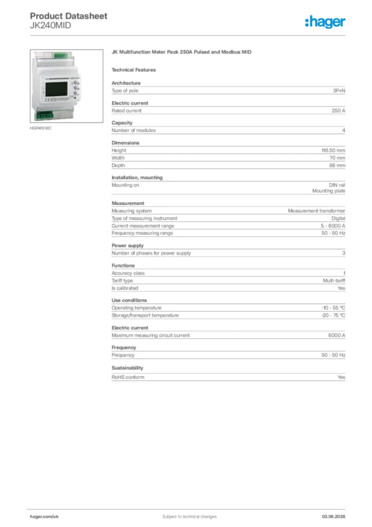 Image Hager Product data sheet JK240MID  | Hager
