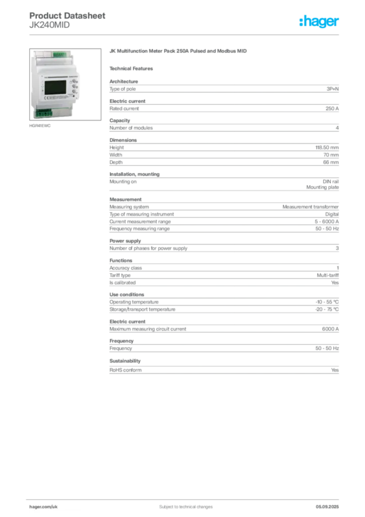 Image Hager Product data sheet JK240MID  | Hager