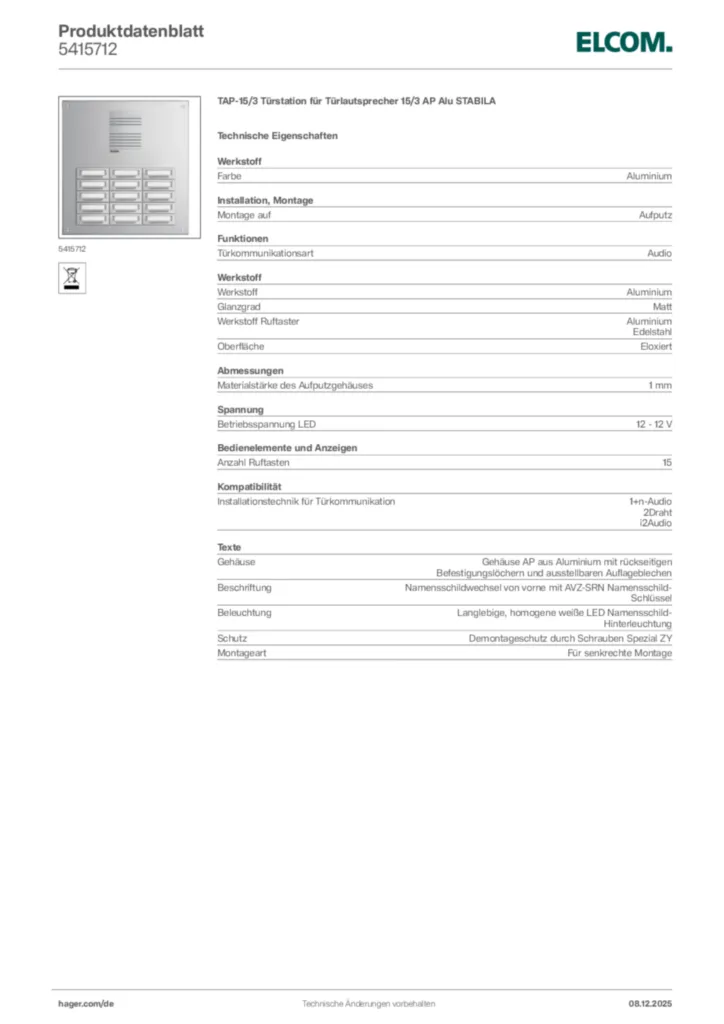 Bild Elcom Produktdatenblatt 5415712 | Hager Deutschland