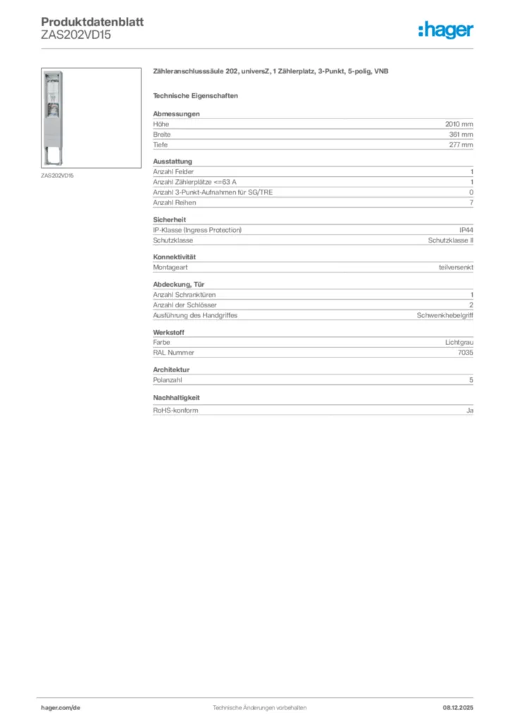 Bild Hager Produktdatenblatt ZAS202VD15 | Hager Deutschland