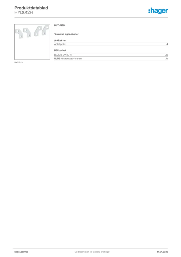 Bild Hager Produktdatablad HYD012H | Hager Sverige