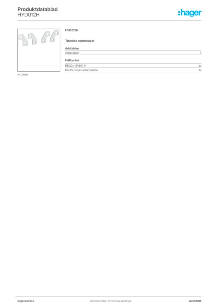 Bild Hager Produktdatablad HYD012H | Hager Sverige