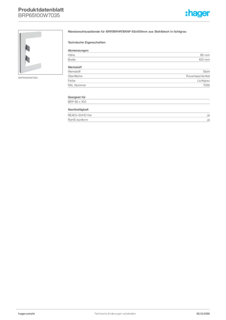 Bild Hager Produktdatenblatt BRP65100W7035 | Hager Deutschland