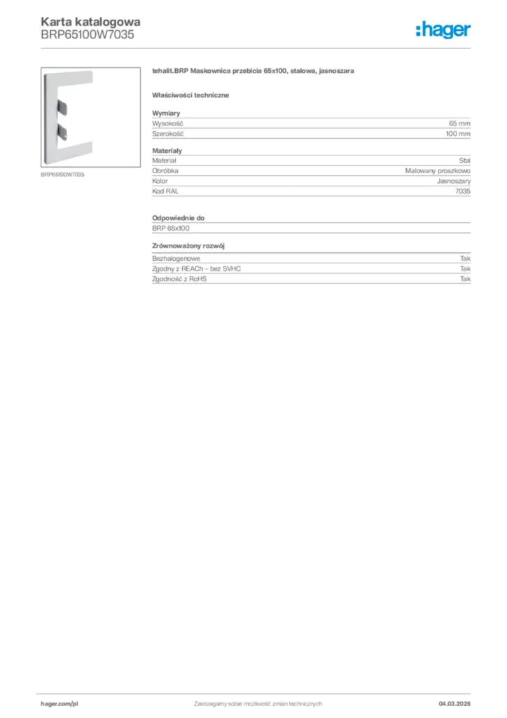 Zdjęcie Hager Karta katalogowa BRP65100W7035 | Hager Polska