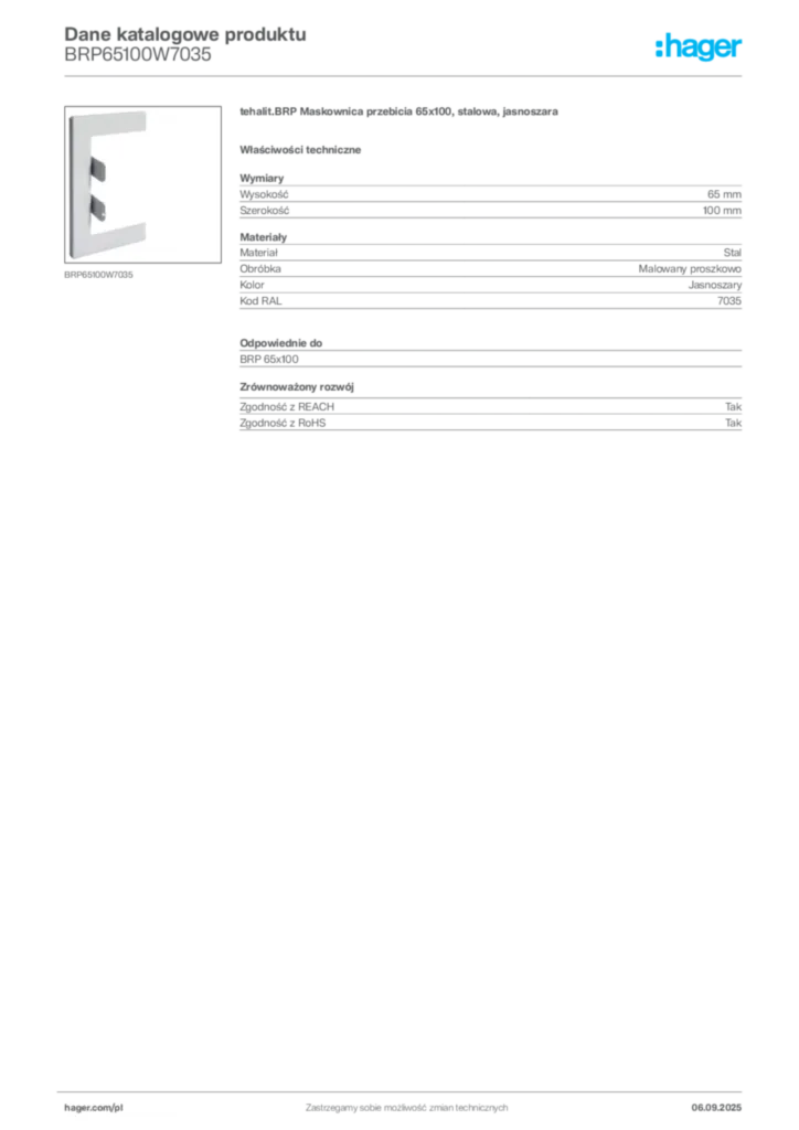 Zdjęcie Hager Dane katalogowe produktu BRP65100W7035 | Hager Polska