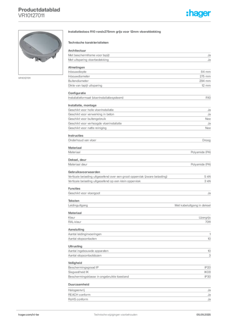 Afbeelding Hager Productdatablad VR10127011 | Hager Belgium