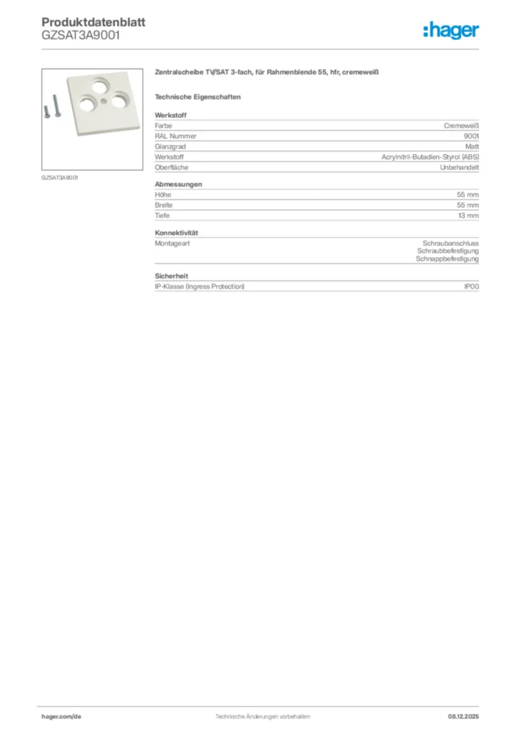 Bild Hager Produktdatenblatt GZSAT3A9001 | Hager Deutschland