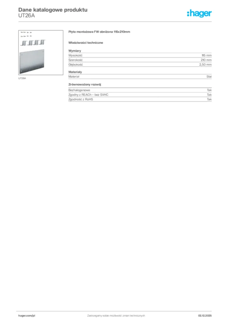 Zdjęcie Hager Dane katalogowe produktu UT26A | Hager Polska
