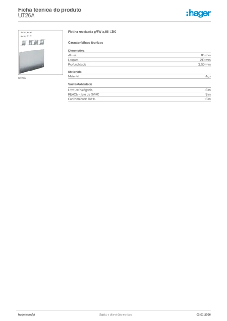 Imagem Hager Ficha técnica do produto UT26A | Hager Portugal