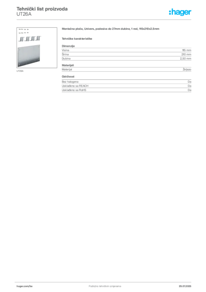 Slika Hager Product data sheet UT26A  | Hager