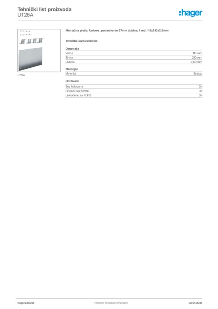 Slika Hager Tehnički list proizvoda UT26A  | Hager