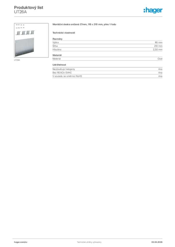 Obrázek Hager Product data sheet UT26A | Hager