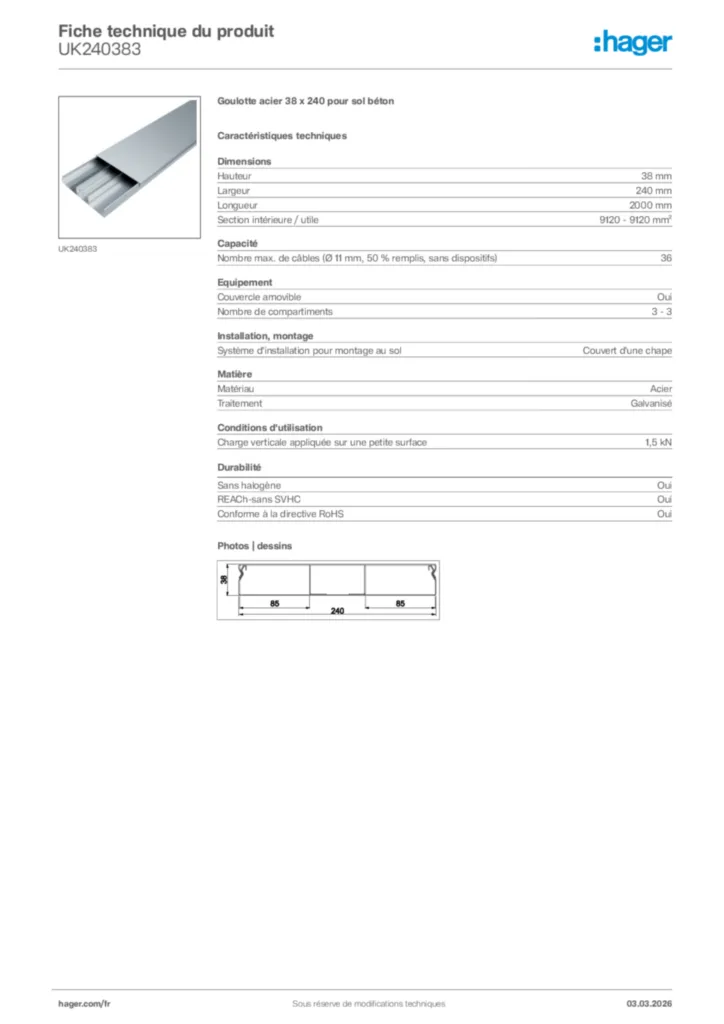 Image Hager Fiche technique du produit UK240383 | Hager France