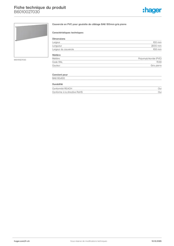 Image Hager Fiche technique du produit B6010027030 | Hager Suisse