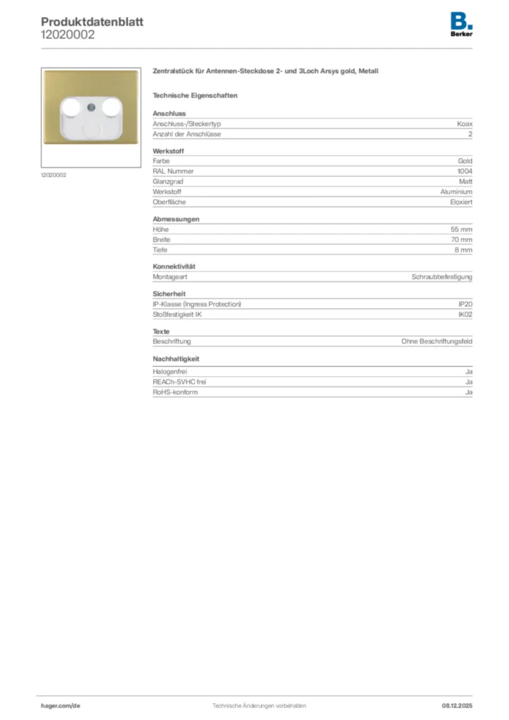 Bild Berker Produktdatenblatt 12020002 | Hager Deutschland