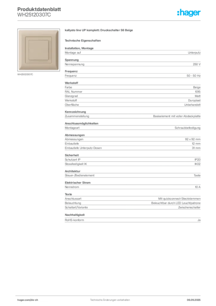Bild Hager Produktdatenblatt WH25120307C | Hager Schweiz