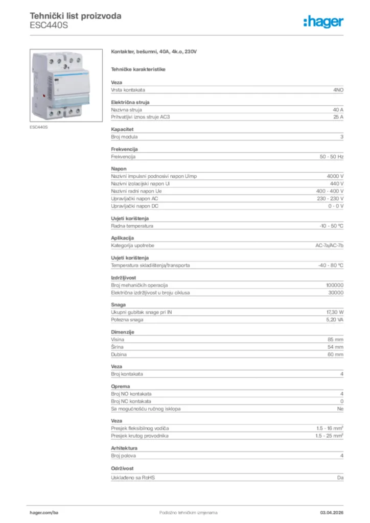 Slika Hager Tehnički list proizvoda ESC440S  | Hager