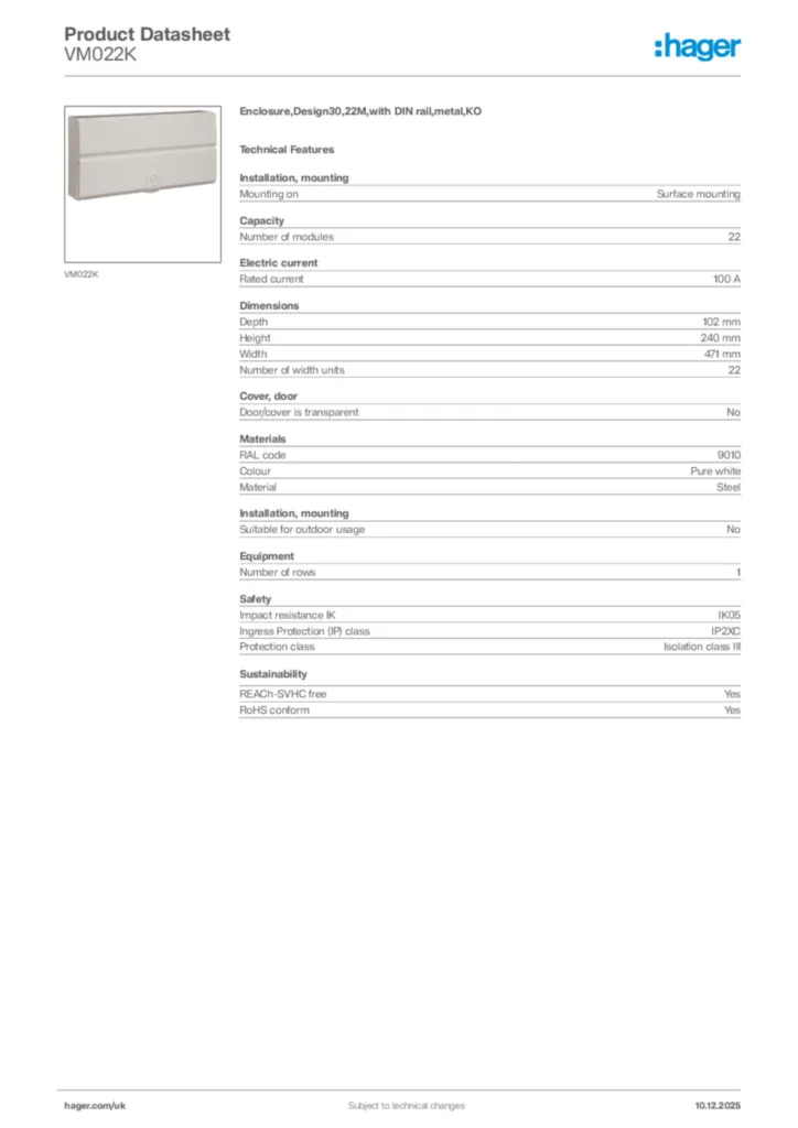 Image Hager Product data sheet VM022K  | Hager