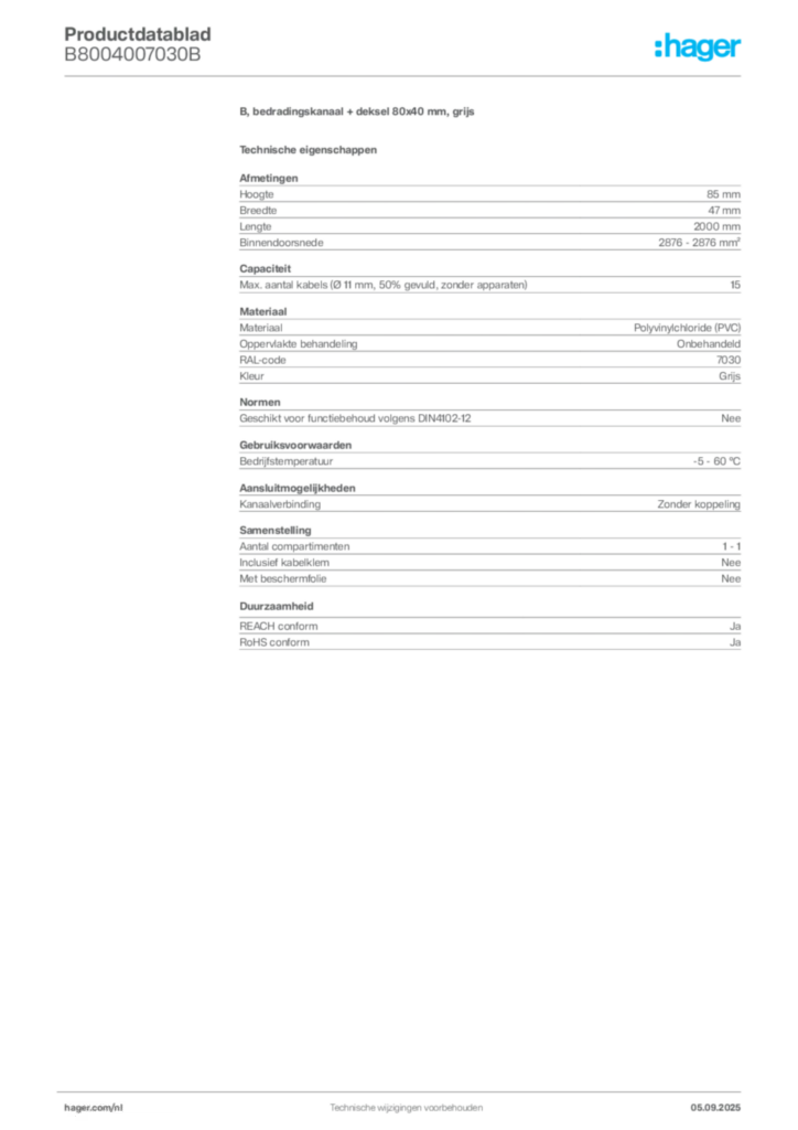 Afbeelding Hager Productdatablad B8004007030B | Hager Nederland