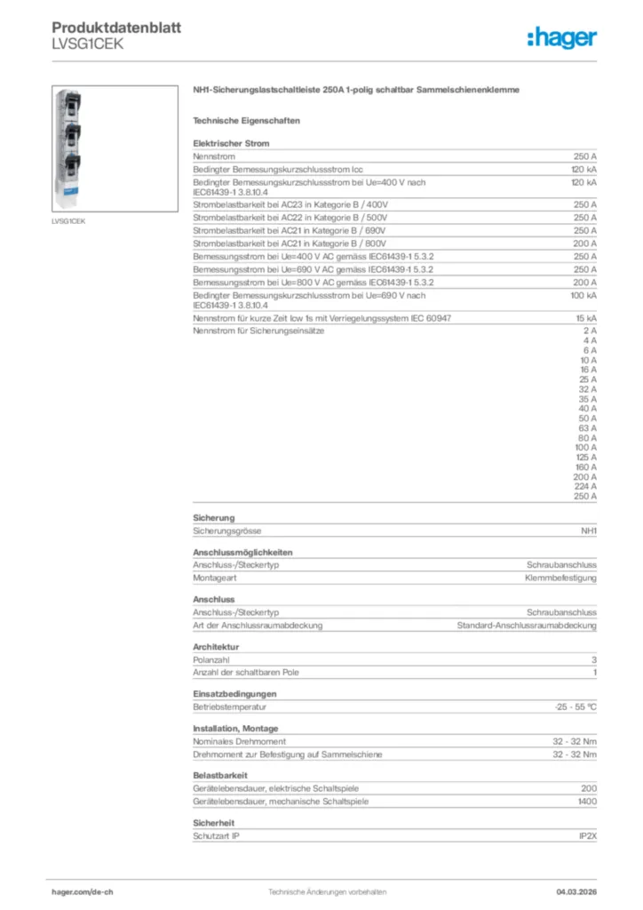 Bild Hager Produktdatenblatt LVSG1CEK | Hager Schweiz