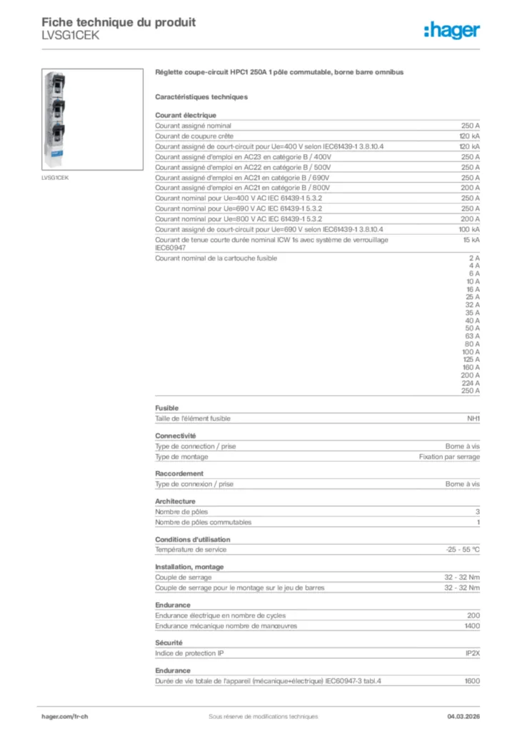 Image Hager Fiche technique du produit LVSG1CEK | Hager Suisse
