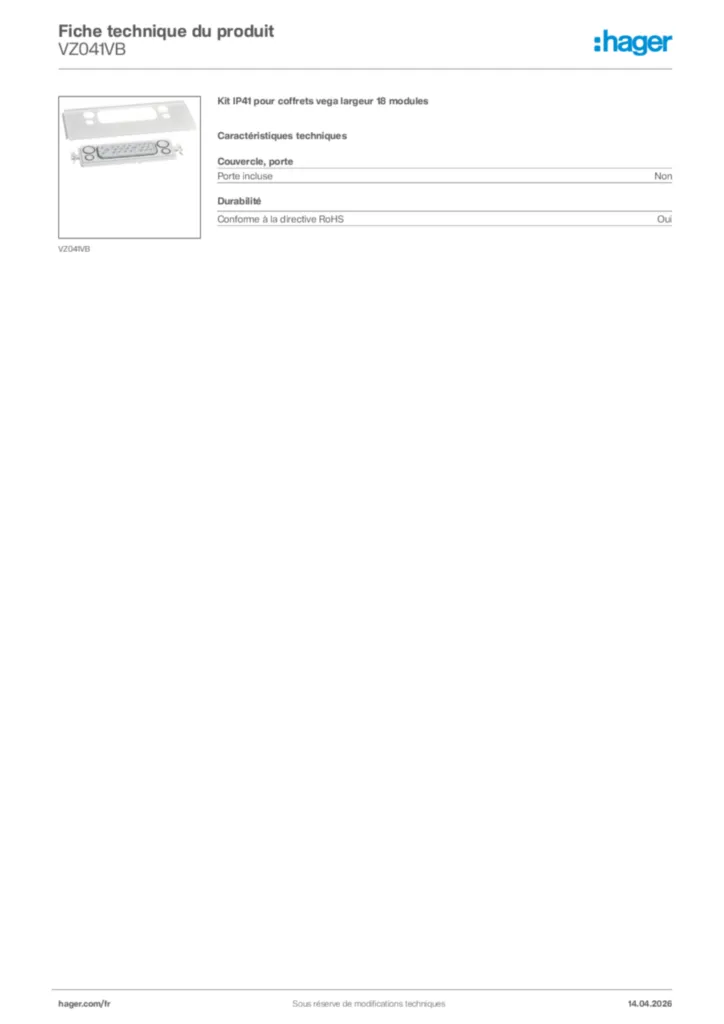 Image Hager Fiche technique du produit VZ041VB | Hager France
