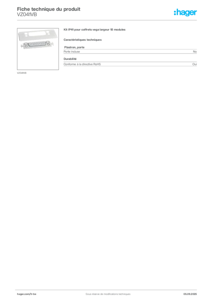 Image Hager Fiche technique du produit VZ041VB | Hager Belgique