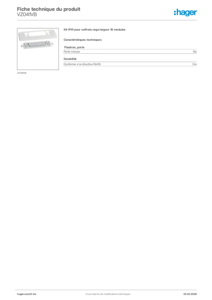 Image Hager Fiche technique du produit VZ041VB | Hager Belgique