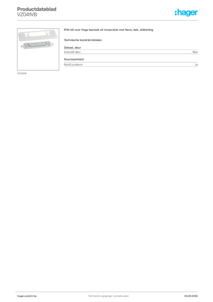 Afbeelding Hager Productdatablad VZ041VB | Hager Belgium