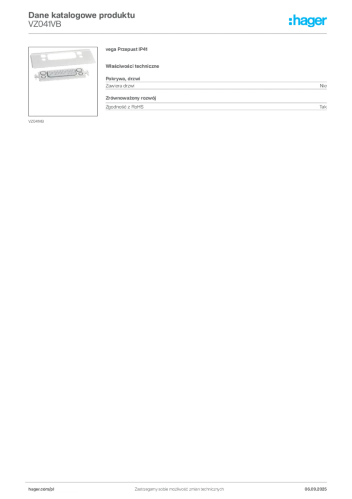 Zdjęcie Hager Dane katalogowe produktu VZ041VB | Hager Polska