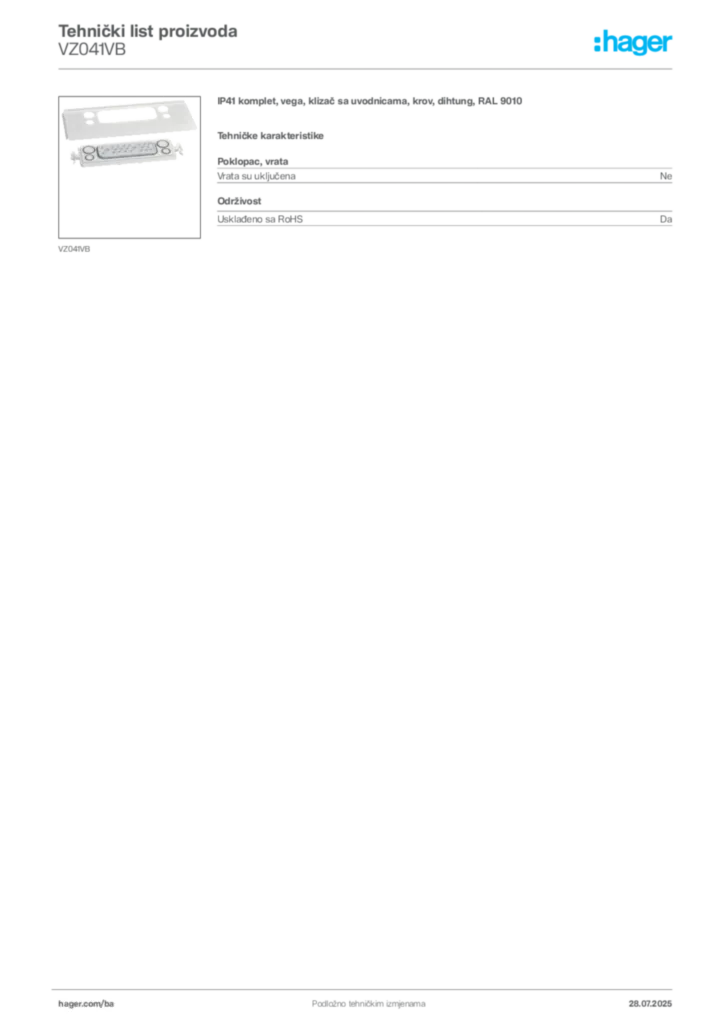 Slika Hager Product data sheet VZ041VB  | Hager
