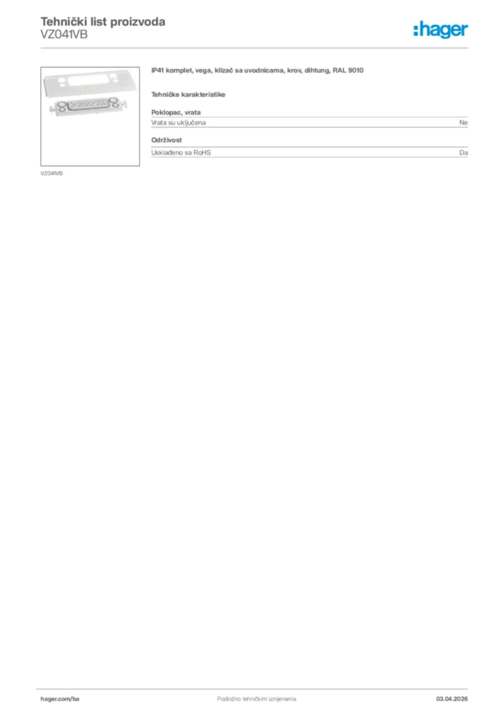 Slika Hager Tehnički list proizvoda VZ041VB  | Hager