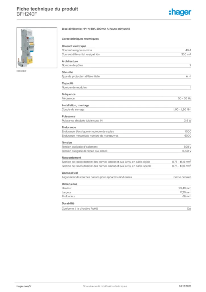 Image Hager Fiche technique du produit BFH240F | Hager France