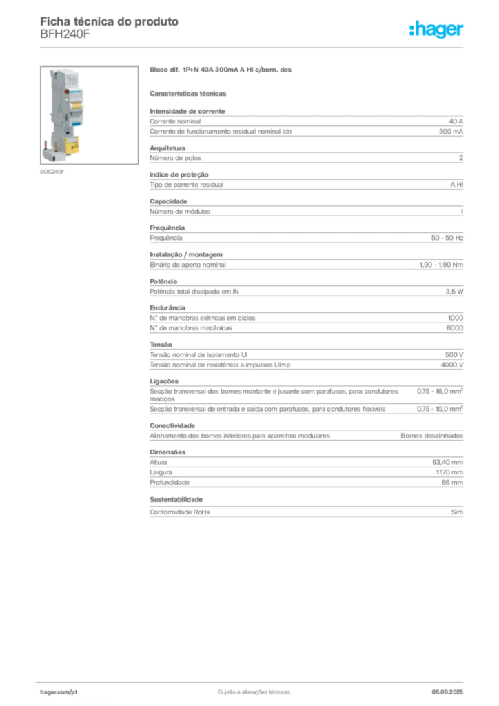 Imagem Hager Ficha técnica do produto BFH240F | Hager Portugal