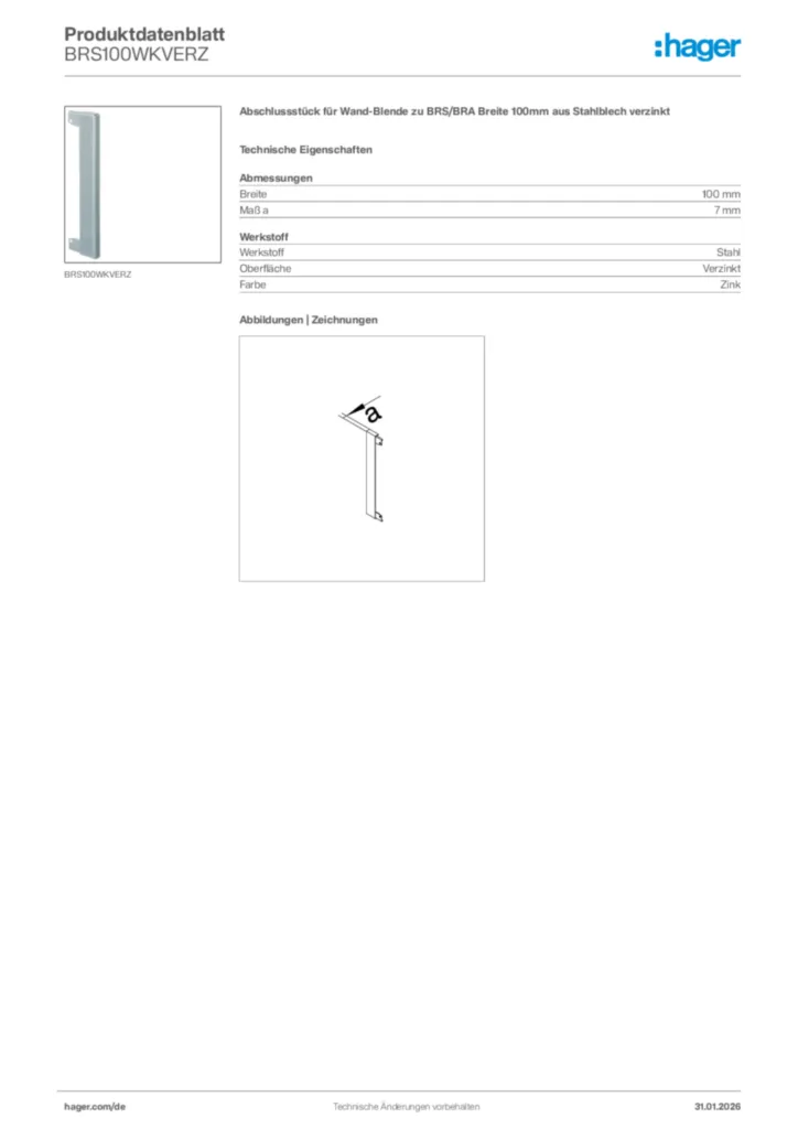 Bild Hager Produktdatenblatt BRS100WKVERZ | Hager Deutschland
