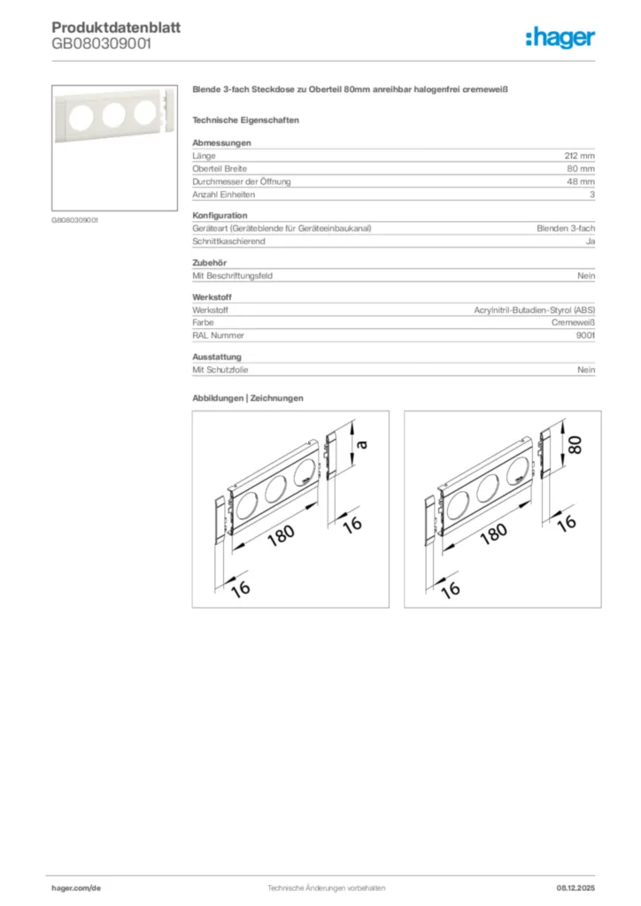 Bild Hager Produktdatenblatt GB080309001 | Hager Deutschland
