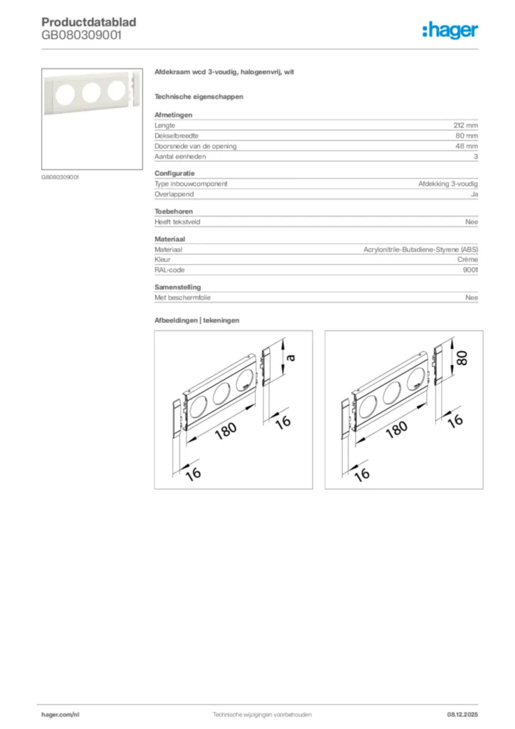 Afbeelding Hager Productdatablad GB080309001 | Hager Nederland