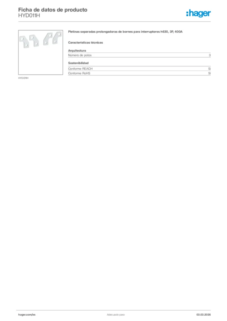 Imagen Hager Ficha de datos de producto HYD011H | Hager España