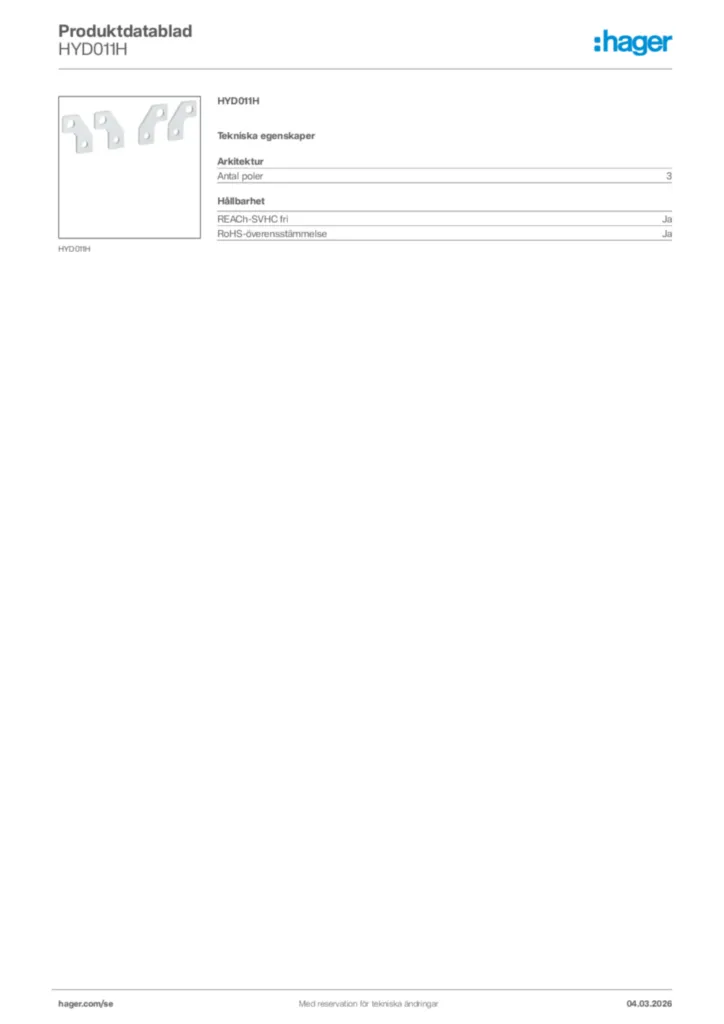 Bild Hager Produktdatablad HYD011H | Hager Sverige