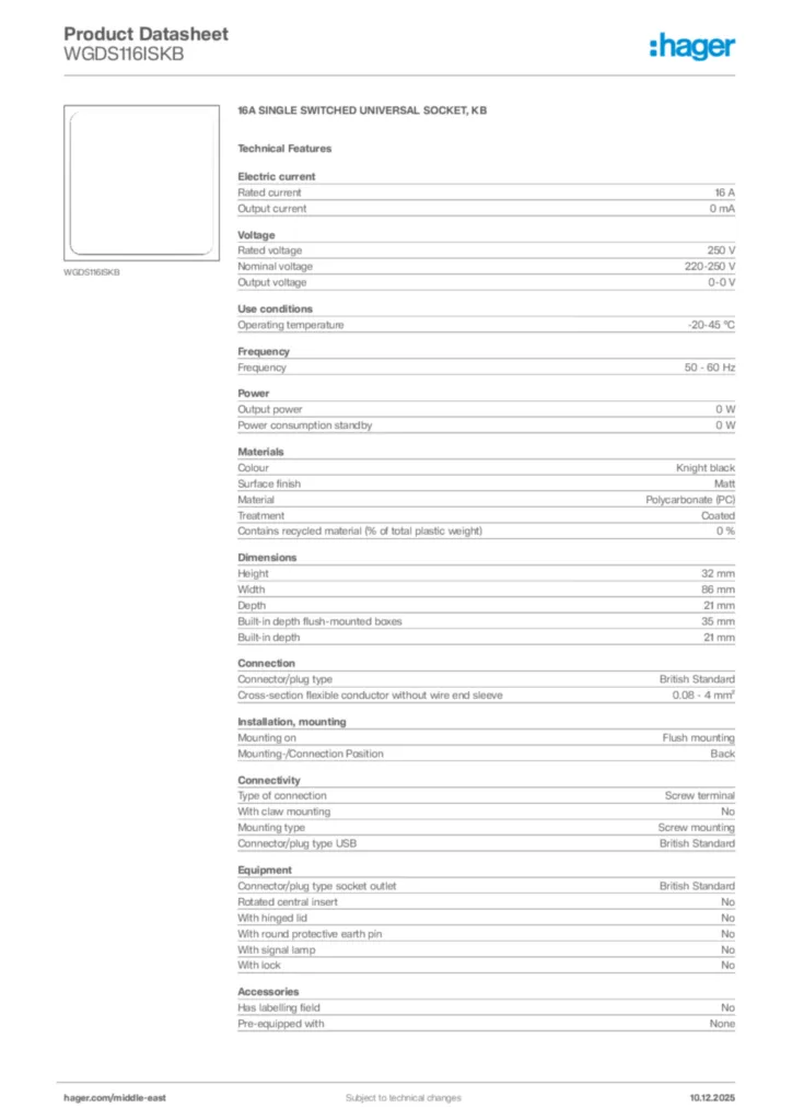Image Hager Product data sheet WGDS116ISKB  | Hager