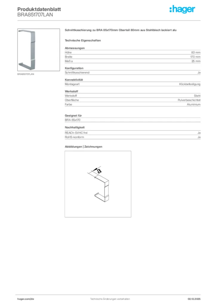 Bild Hager Produktdatenblatt BRA851707LAN | Hager Deutschland