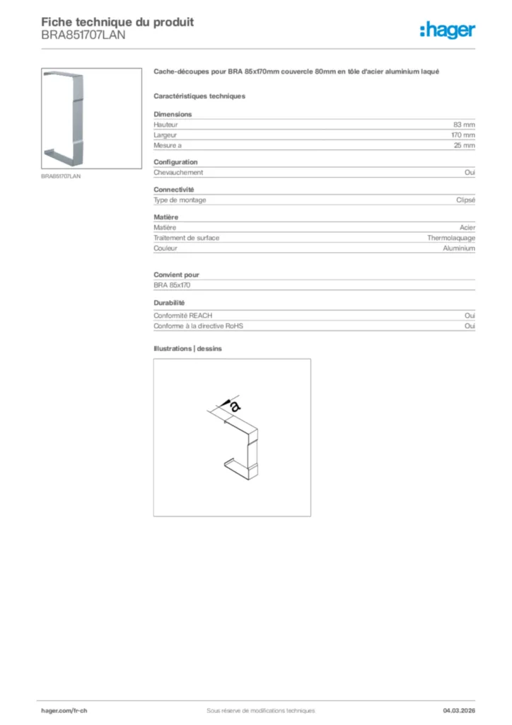 Image Hager Fiche technique du produit BRA851707LAN | Hager Suisse