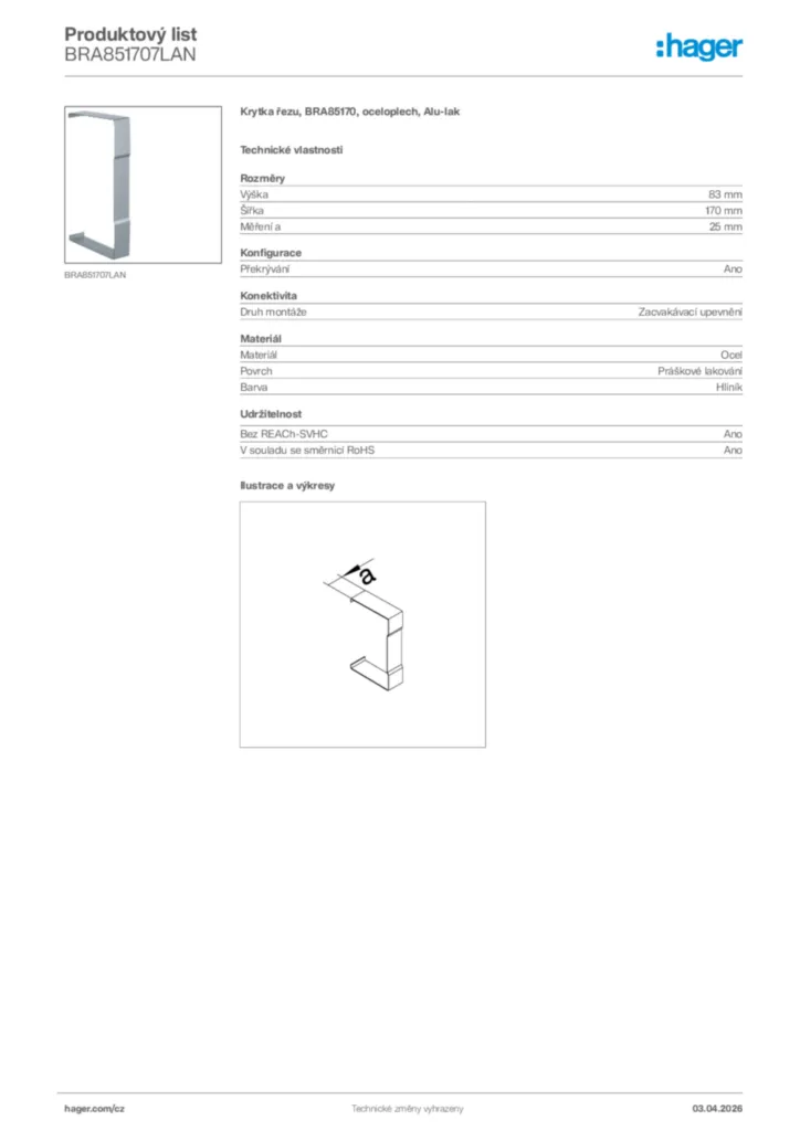 Obrázek Hager Product data sheet BRA851707LAN | Hager