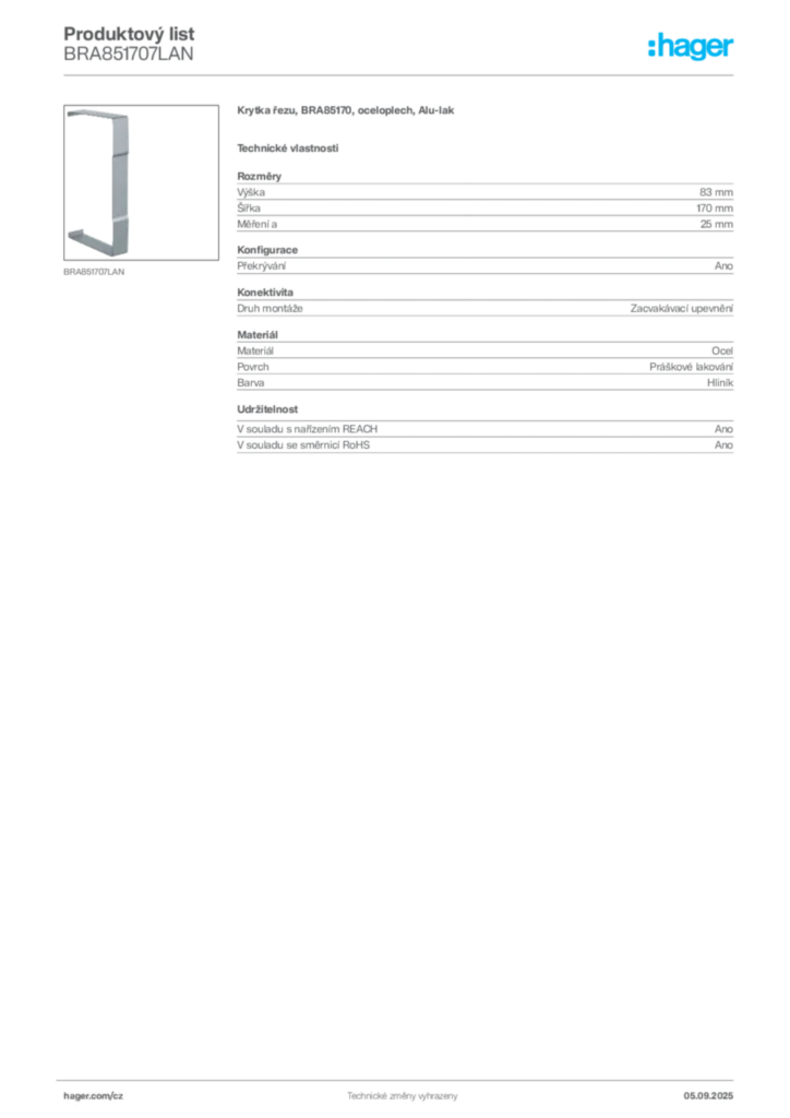 Obrázek Hager Produktový list BRA851707LAN | Hager
