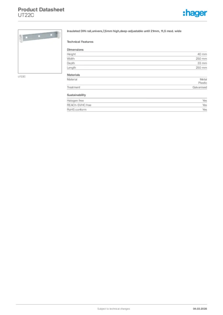 Image Hager Product data sheet UT22C  | Hager Africa