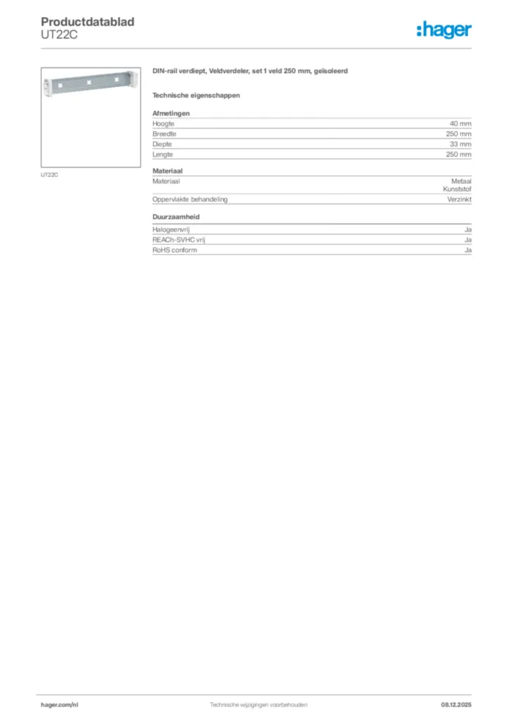 Afbeelding Hager Productdatablad UT22C | Hager Nederland