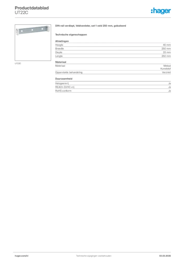Afbeelding Hager Productdatablad UT22C | Hager Nederland