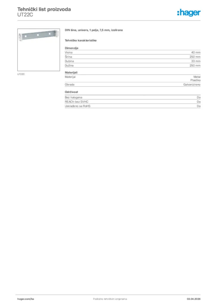 Slika Hager Tehnički list proizvoda UT22C  | Hager