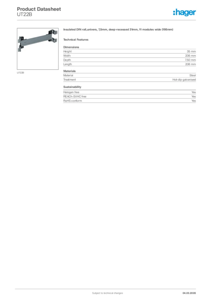 Image Hager Product data sheet UT22B  | Hager Africa