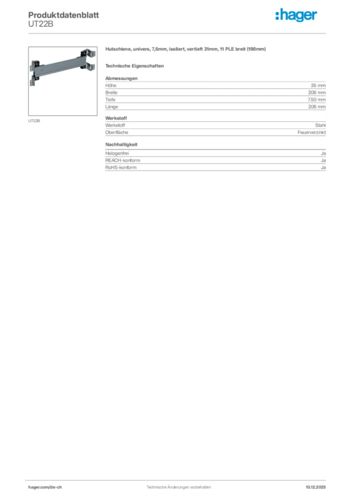 Bild Hager Produktdatenblatt UT22B | Hager Schweiz